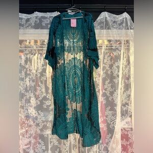 NWT Kimono Duster Sarong Swimsuit Coverup Resort-wear Black & Turquoise O/S